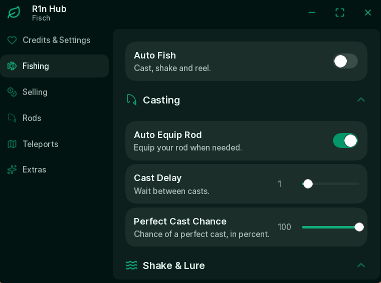 R1n Hub Fisch interface showing fishing controls